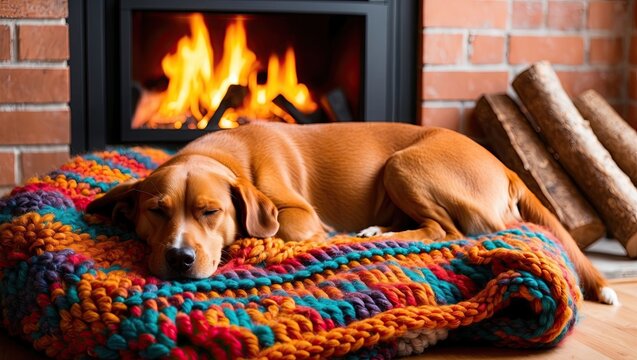 Orange dog sleeping on a thick colorful knit blanket with fireplaces as background