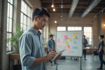 Teamwork for Business Growth: Young Asian Man Using a Digital Tablet to Present and Discuss Strategic Plans on a Whiteboard in a Bright Collaborative Office Environment