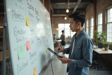 Teamwork for Business Growth: Young Asian Man Using a Digital Tablet to Present and Discuss Strategic Plans on a Whiteboard in a Bright Collaborative Office Environment