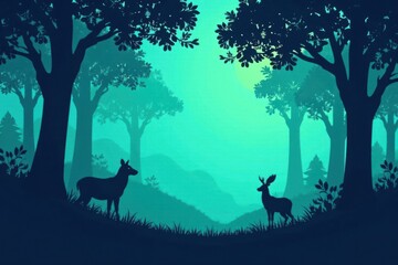 Silhouetted forest scene with wildlife in blue and green hues, green, shadows