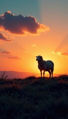 Silhouette of sheep standing alone on a field, sheep farming, nature