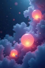 Fototapeta premium Softly glowing orbs suspended in mid-air amidst swirling wisps of misty atmosphere, abstract, mist