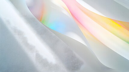 Soft pastel rainbow light shines through translucent white fabric folds creating abstract art.