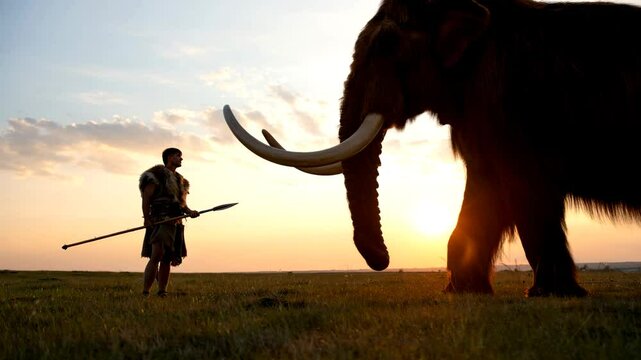 Primitive man confronts a woolly mammoth silhouette with a spear at dusk, grassy plain