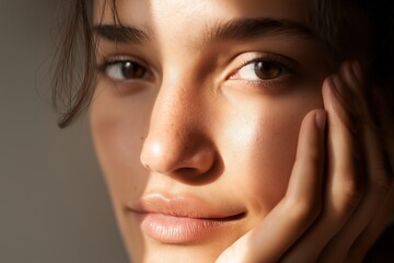 stunning portrait of woman showcasing her radiant skin and graceful features, skin care beauty concept