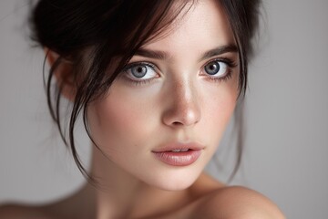 Naklejka premium close-up shot of beautiful woman with stunning features and captivating gaze, skin care beauty concept