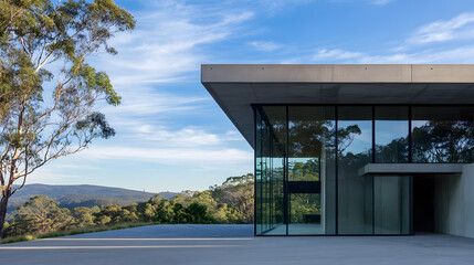 Modern House with Glass Walls Overlooking a Scenic Landscape
