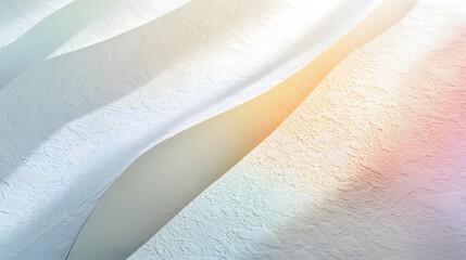 Sheer white curtains gently billow in sunlight creating a soft pastel rainbow effect.