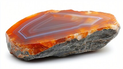 Polished agate gemstone, orange bands, white background, geology