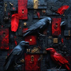 Obraz premium Dark and Mysterious Collage with Ravens, Locks, Feathers, and Rich Textures in Black and Red Tones