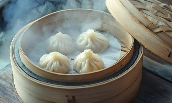 Tangbao inside a wooden steamer, with a pair of chopsticks resting nearby