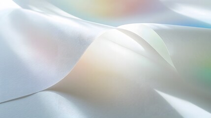 Luxurious white silk fabric drapes elegantly in soft light creating subtle folds and textures.
