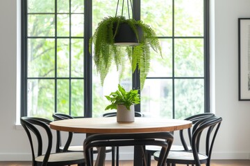 Obraz premium Modern minimalist dining room, large windows, hanging fern plant, wooden round table, curved