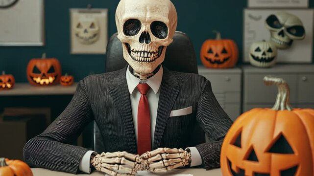 Skeleton in suit for funny Halloween business and corporate concept. A skeleton dressed in a suit sits at a desk, surrounded by Halloween-themed decorations, including carved pumpkins