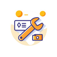 A modern illustration featuring a wrench, a wallet, and a card, representing tools for budgeting and finance on a white background.