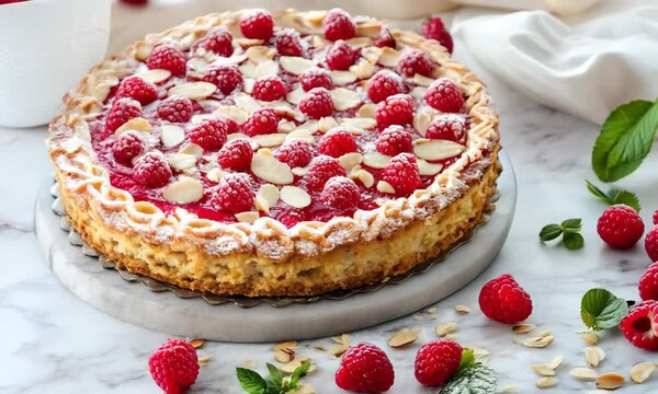 High-resolution photography of a whole Linzer Torte, beautifully arranged on a marble countertop with fresh raspberries and almond flakes on the side
