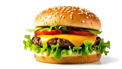 Isolated hamburger with cheese and sesame bun on white , studio, isolated