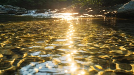 Sunlit stream flows through rocks, forest background, nature serenity.  Website banner