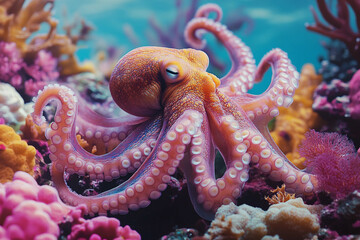 Obraz premium Brightly Colored Octopus Among Coral Captured in Underwater Scene with Generative AI Technology