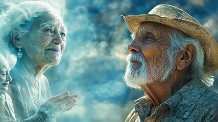 Senior man communicating with ghostly apparitions of deceased women