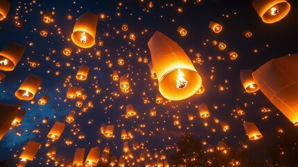 Obraz premium A sky filled with floating lanterns, glowing warmly as they ascend into the night