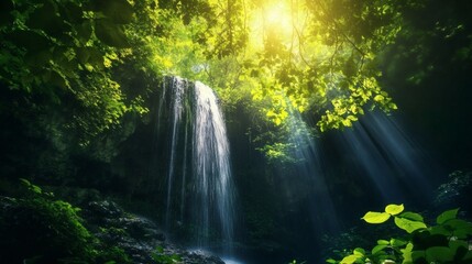 Fototapeta premium Sunlit Waterfall in Lush Jungle