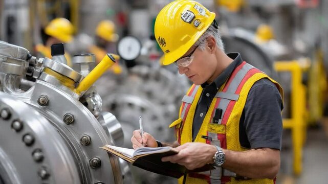 Industrial Precision: A focused engineer, clad in protective gear, meticulously documents the inner workings of industrial machinery within a bustling factory environment.