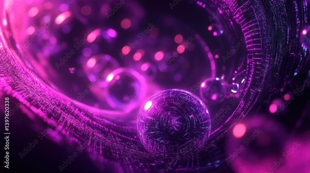 Poster sleek and modern abstract digital art piece with interconnected glowing spheres and matrix-style cod