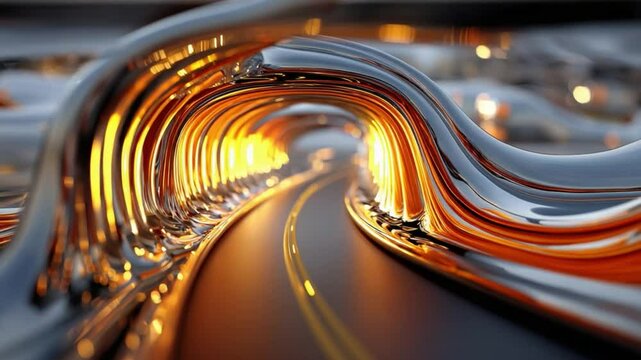 Abstract Road: An eye-level perspective of an abstract, dynamic road tunnel composed of reflective, flowing metallic elements, conveying a sense of motion and forward momentum.