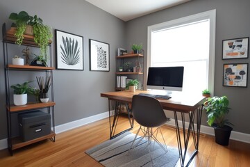 Modern home office, wooden desk, hairpin legs, industrial chair, computer monitor, black and