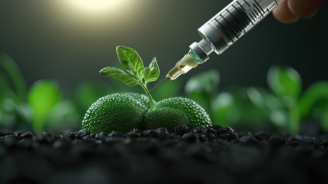 Genetic modification process involving a syringe injecting DNA solution into an organic vegetable in a lab environment