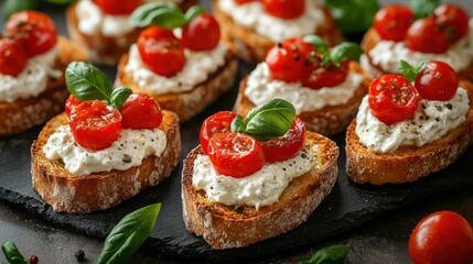 Toasted bread topped with creamy cheese, roasted cherry tomatoes, and fresh basil (1)