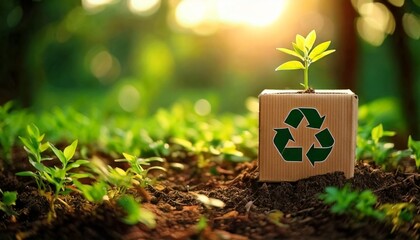 A young plant sprouts from a cardboard box featuring a recycling symbol, representing sustainability and environmental awareness in a lush garden setting.