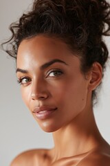 Naklejka premium captivating portrait of woman with alluring gaze, skin care beauty concept