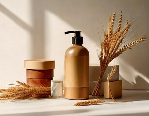 Fototapeta premium A serene arrangement of natural skincare products and dried wheat, showcasing a warm aesthetic and minimalist design.
