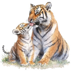 Obraz premium A tender moment between a mother tiger and her cub, depicting affection in the wild. The expressive features showcase love and connection in a natural setting.