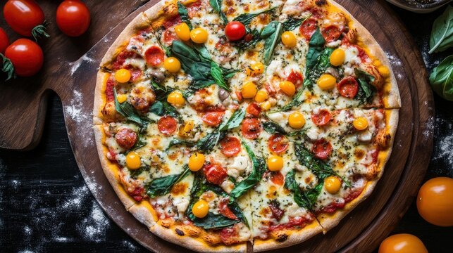 A pizza with an artistic design, featuring colorful toppings arranged in a beautiful pattern on a crispy crust