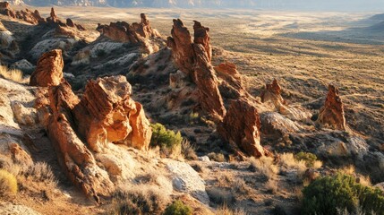 Sunrise over unique rock formations in desert landscape, ideal for travel brochures