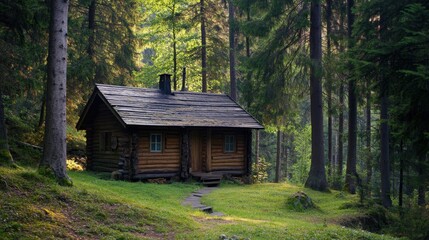A small wooden cabin in the heart of the forest, surrounded by tall pines and fresh air