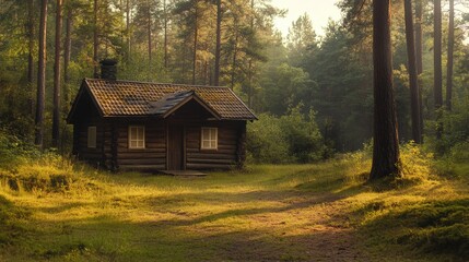 A small wooden cabin in the heart of the forest, surrounded by tall pines and fresh air