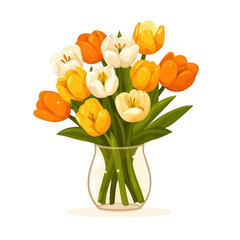 A vibrant bouquet of yellow and white tulips arranged in a clear glass vase, showcasing the beauty of spring flowers with lush green stems.