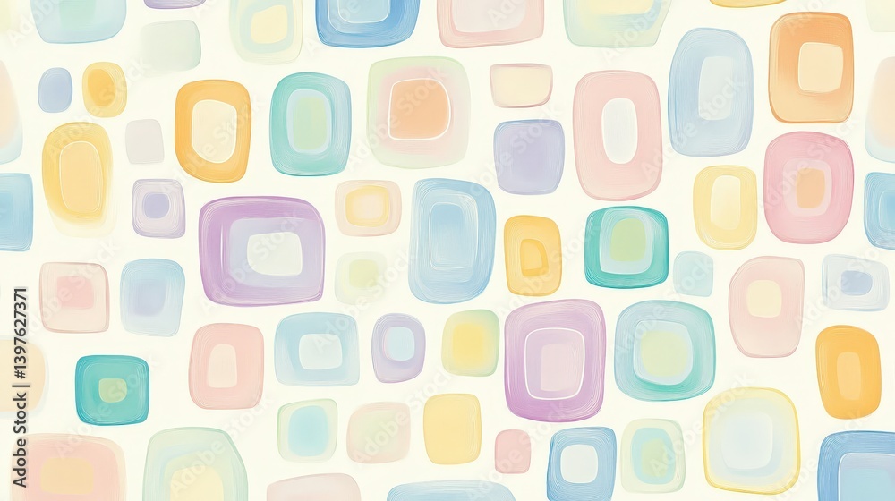 Poster a playful geometric pattern with overlapping rounded rectangles and soft pastel colors.