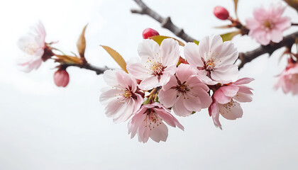 Blooming Spring Flowers Delicate Pink Blossom on Branch Against White Sky