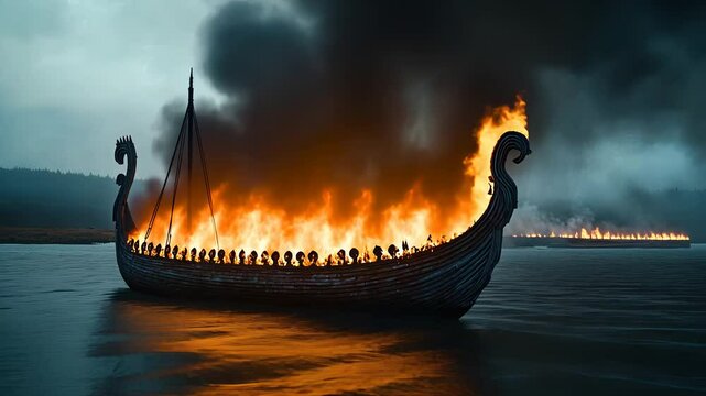 Viking Ship Burning in Water with Dramatic Flames and Dark Clouds in Background

