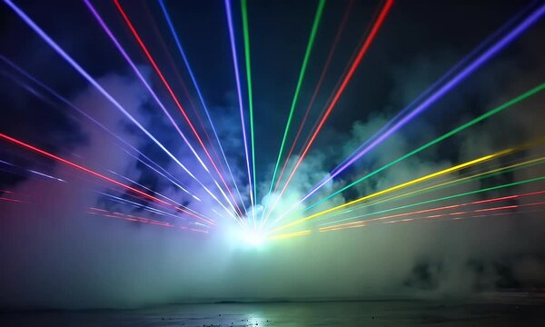 Colorful laser beams radiating from a central point over water.