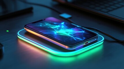 A smartphone on a wireless charging pad, glowing with a futuristic energy effect