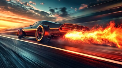 A powerful drag racing car launching off the start line, flames bursting from its exhaust and tires gripping the asphalt.