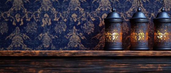 Three illuminated lanterns hanging over a wooden plank display