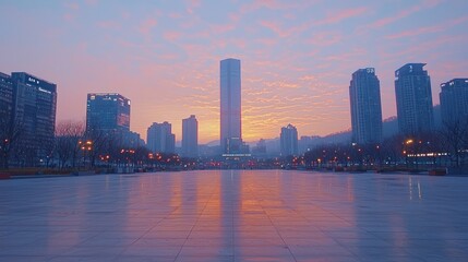 Urban plaza at dawn, city skyline reflected, sunrise
