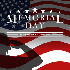 Memorial Day design with saluting soldiers and US national flag. Memorial Day background. Remember and honor.